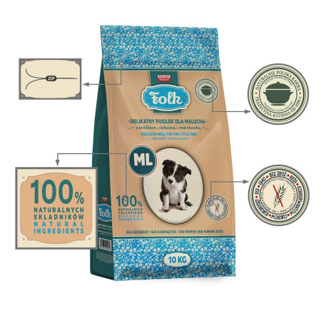 FOLK Junior vidutinėms ir didelėms veislėms švelnus maistas šuniukams su triušiu, veršiena ir morkomis 10kg