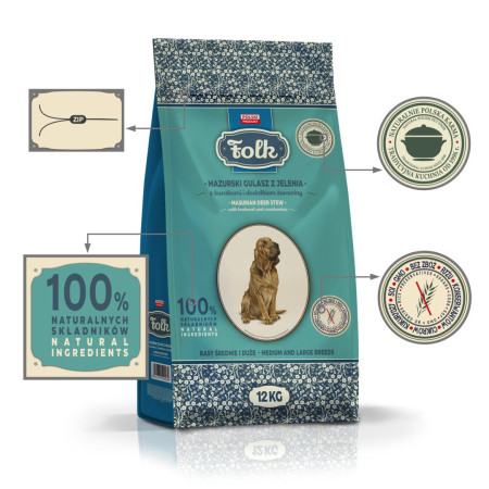 FOLK Medium and Large Breeds Traditional Masurian Venison Stew sausas maistas šunims - 12kg