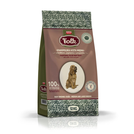 FOLK Vidutinėms ir didelėms veislėms - tradicinis lenkų mėsos patiekalas su triušiu, aviena ir stručiu - sausas maistas šunims -