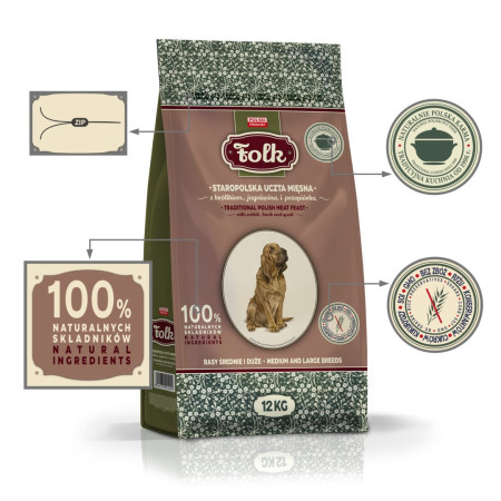 FOLK Vidutinėms ir didelėms veislėms - tradicinis lenkų mėsos patiekalas su triušiu, aviena ir stručiu - sausas maistas šunims -