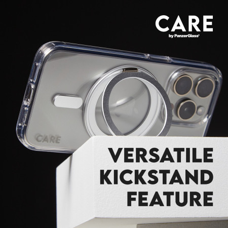 PanzerGlass CARE dėklas su sidabriniu stoveliu MagSafe iPhone 16, Skaidrus