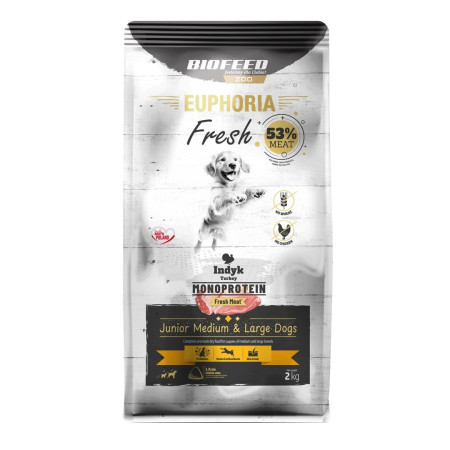 BIOFEED Euphoria Fresh Junior Vidutiniams ir Dideliems Monoproteinų Kalakutiena - sausas maistas šunims - 2kg