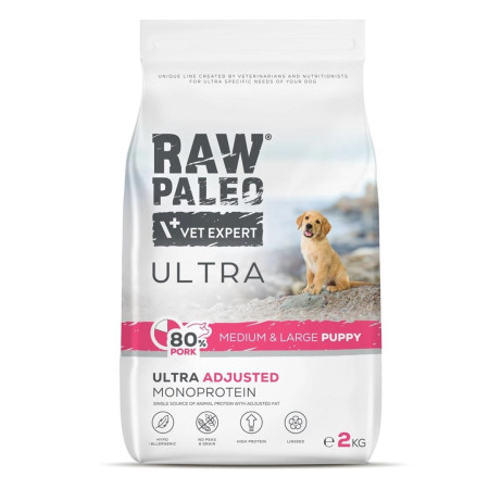 RAW PALEO Ultra Kiauliena Vidutinio ir Didelio Dydžio Šuniukams - sausas maistas šunims - 2kg