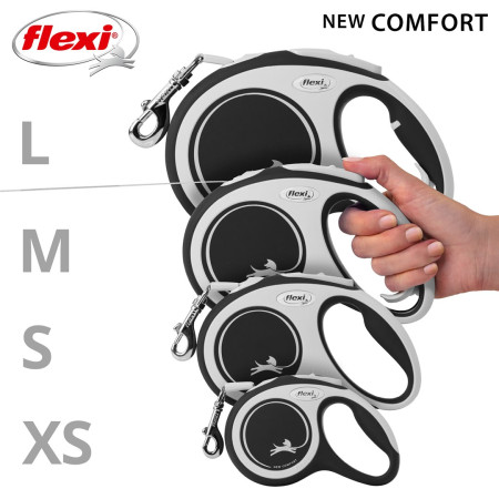 Flexi New COMFORT 8 m Juoda, Pilka - Susitraukiantis pavadėlis šunims