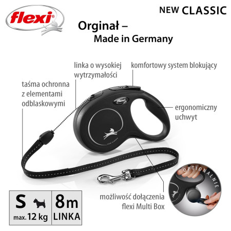 Flexi New CLASSIC 8 m Juoda - Susitraukiantis pavadėlis šunims