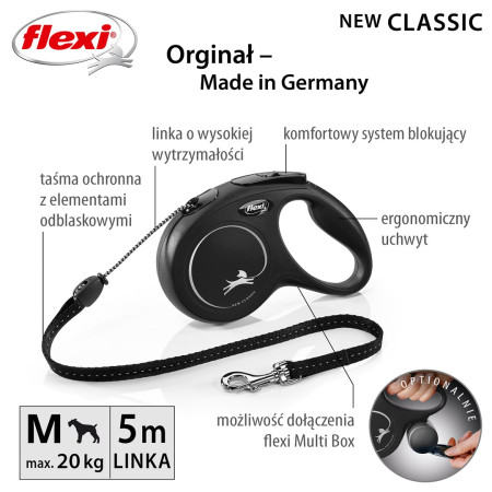 Flexi New CLASSIC 5 m Juoda - Susitraukiantis pavadėlis šunims
