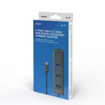 SAVIO AK-57 USB-C - 3 x USB-A šakotuvas su RJ-45 Gigabit Ethernet adapteriu
