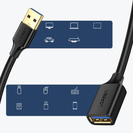 UGREEN USB 3.0 (moteriškas) – USB 3.0 (vyriškas) 2 m prailginimo kabelis su adapteriu – juodas