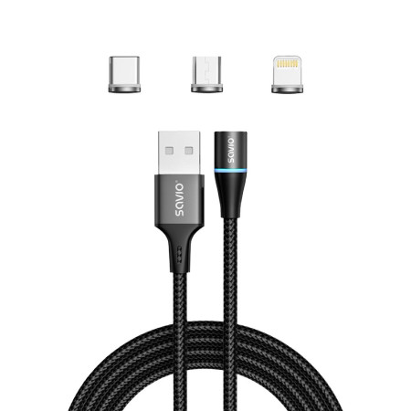 Savio CL-152 USB kabelis 1 m USB 2.0 USB C Micro USB A/Lightning Juoda