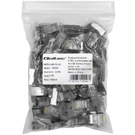 Qoltec 54556 RJ45 modulinė jungtis | CAT6 | FTP | Auksuoti kontaktai | 100 vienetų