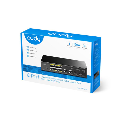 Cudy GS1010PS2 tinklo komutatorius Ne-valdomas Gigabit Ethernet (10/100/1000) Maitinimas per Eternetą (PoE) Juoda