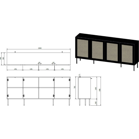 JUTA 4D komoda 200x39,5x90 juoda + linol calabria