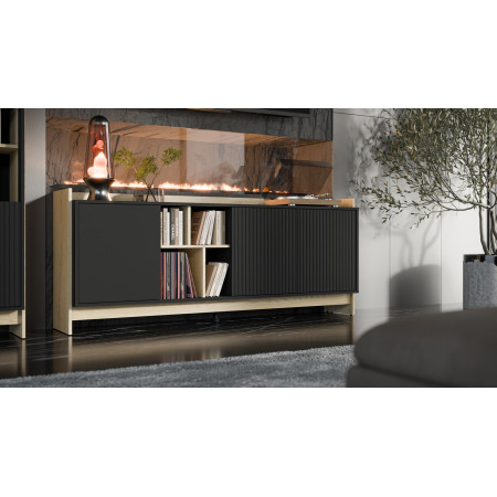 Cama PORTO 3D komoda ąžuolas/juoda 190 x 38 x 77 cm