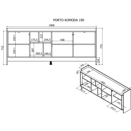 Cama PORTO 3D komoda ąžuolas/juoda 190 x 38 x 77 cm