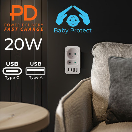 Maclean MCE249 F/W Maitinimo lizdas x2 su 4 USB prievadais