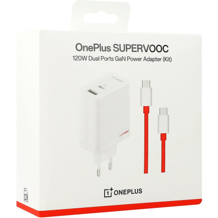 OnePlus SUPERVOOC Įkroviklio prievadai USB-A ir USB-C + USB-C kabelis 120 W Baltas