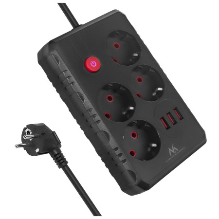 Maclean elektros paskirstytuvas 4 lizdai + 3xUSB, 1,5 m, juodas