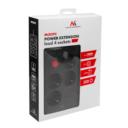 Maclean elektros paskirstytuvas 4 lizdai + 3xUSB, 1,5 m, juodas