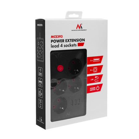 Maclean elektros paskirstytuvas 4 lizdai + 3xUSB, 3 m, juodas