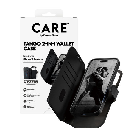 PanzerGlass CARE by Feature Case Tango Dviejų dalių Piniginė su MagSafe iPhone 17 Pro Max mobiliojo telefono dėklas Juodas