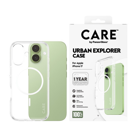 PanzerGlass CARE by Flagship Case Permatomas Urban Explorer su Balta MagSafe iPhone 17 mobiliojo telefono dėklas
