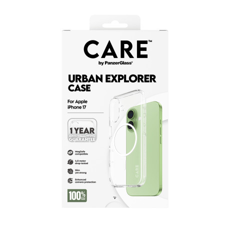 PanzerGlass CARE by Flagship Case Permatomas Urban Explorer su Balta MagSafe iPhone 17 mobiliojo telefono dėklas