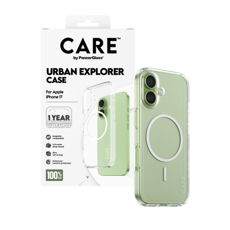 PanzerGlass CARE by Flagship Case Permatomas Urban Explorer su Balta MagSafe iPhone 17 mobiliojo telefono dėklas