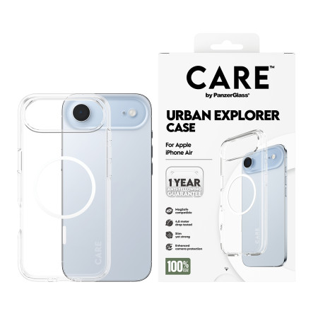 PanzerGlass CARE by Flagship Case Permatomas Urban Explorer su Balta MagSafe iPhone Air mobiliojo telefono dėklas