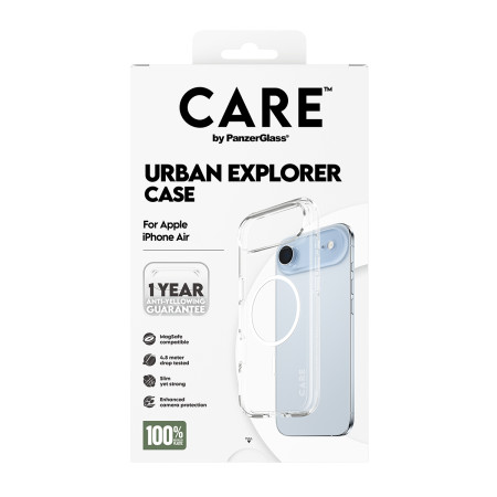 PanzerGlass CARE by Flagship Case Permatomas Urban Explorer su Balta MagSafe iPhone Air mobiliojo telefono dėklas