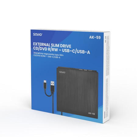SAVIO AK-59 Išorinis plonas CD/DVD įrašymo įrenginys - USB-C/USB-A, juodas