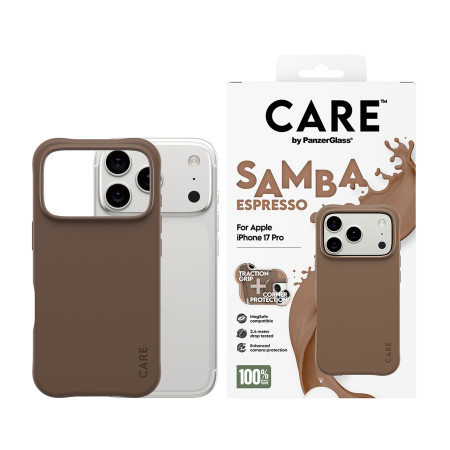 PanzerGlass CARE by Fashionable Case Samba Espresso su MagSafe iPhone 17 Pro mobiliojo telefono dėklas