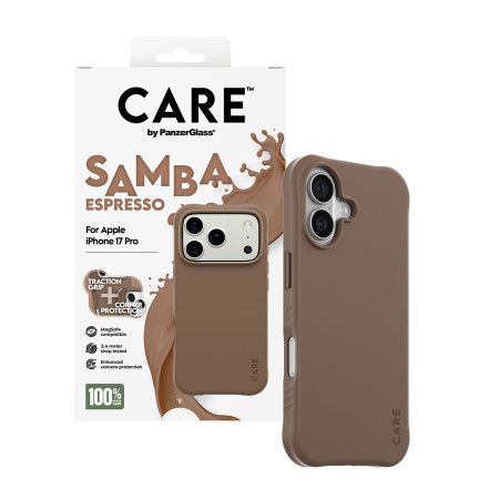 PanzerGlass CARE by Fashionable Case Samba Espresso su MagSafe iPhone 17 Pro mobiliojo telefono dėklas