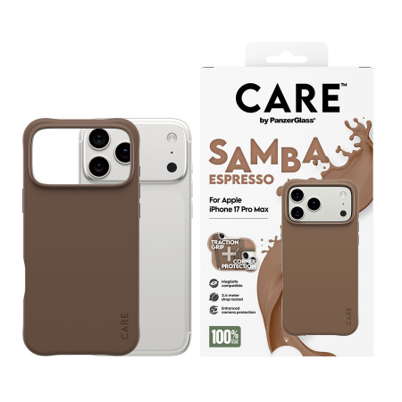 PanzerGlass CARE by Fashionable Case Samba Espresso su MagSafe iPhone 17 Pro Max mobiliojo telefono dėklas