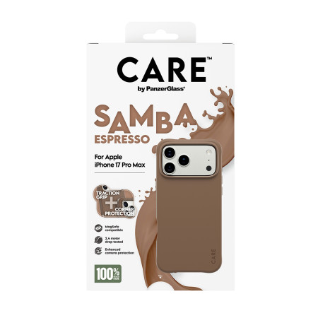 PanzerGlass CARE by Fashionable Case Samba Espresso su MagSafe iPhone 17 Pro Max mobiliojo telefono dėklas