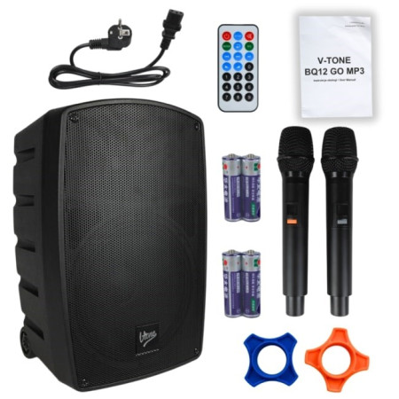 V-TONE BQ12 GO MP3 - Aktyvus 8 colių baterijomis maitinamas garsiakalbis su belaidžiu mikrofonu ir nuotolinio valdymo pultu, juo