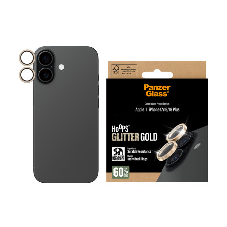 PanzerGlass® Hoops® Kamera Objektyvo Apsauga Blizganti Auksinė iPhone 17 | iPhone 16 | 16 Plus