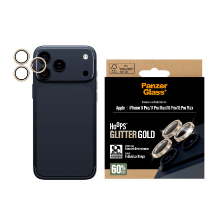 PanzerGlass® Hoops® Kamera Objektyvo Apsauga Blizganti Auksinė iPhone 17 Pro | iPhone 17 Pro Max | iPhone 16 Pro | 16 Pro Max