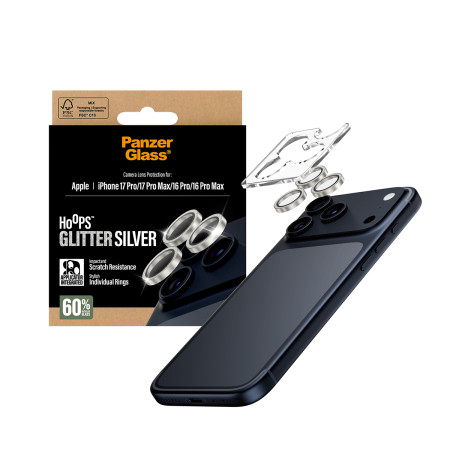 PanzerGlass® Hoops® Kamera Objektyvo Apsauga Blizganti Sidabrinė iPhone 17 Pro | iPhone 17 Pro Max | iPhone 16 Pro | 16 Pro Max