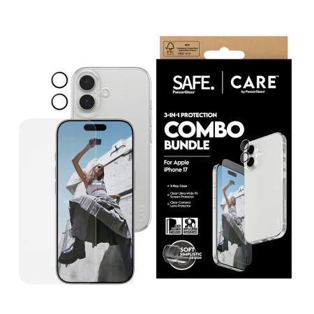 PanzerGlass SAFE CARE 3-in-1 Madingas Combo Rinkinys iPhone 17 Skaidri ekrano apsauga