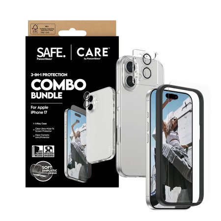PanzerGlass SAFE CARE 3-in-1 Madingas Combo Rinkinys iPhone 17 Skaidri ekrano apsauga