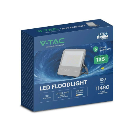 V-TAC 100W LED Prožektorius CREE Chip Juodas Korpusas Pilkas Stiklas 4000K