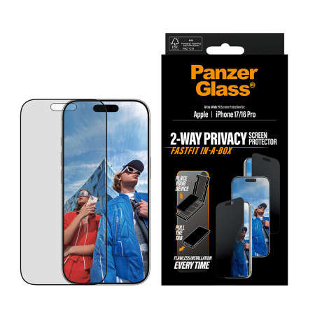 PanzerGlass ® Privatumo ekrano apsauga iPhone 17 | iPhone 16 Pro | Ultra-plačiai pritaikyta su FASTFIT IN-A-BOX