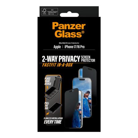 PanzerGlass ® Privatumo ekrano apsauga iPhone 17 | iPhone 16 Pro | Ultra-plačiai pritaikyta su FASTFIT IN-A-BOX