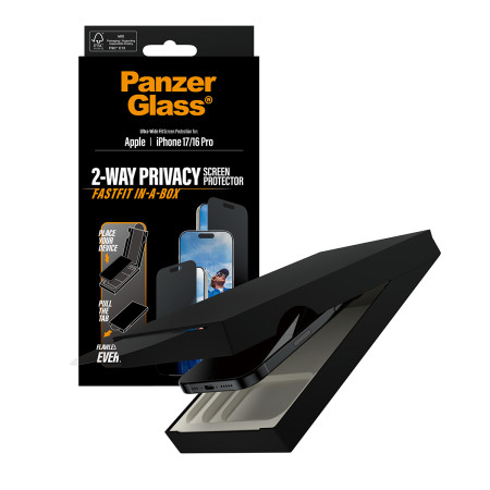PanzerGlass ® Privatumo ekrano apsauga iPhone 17 | iPhone 16 Pro | Ultra-plačiai pritaikyta su FASTFIT IN-A-BOX