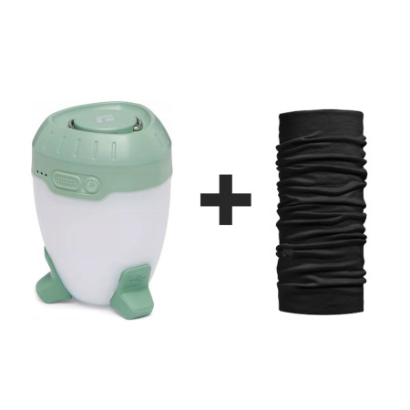 Black Diamond ORBITER 450 LANTERN Desert Sage kempingo žibintuvėlis su BUFF MERINO LIGHTWEIGHT SOLID BLACK šaliku