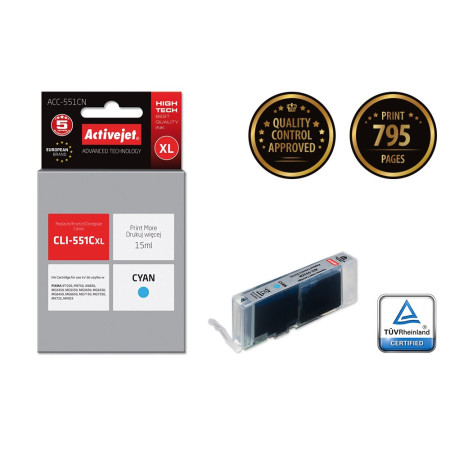 Activejet ACC-551CN rašalas (Canon CLI-551C pakaitalas; 15 ml; mėlynas)