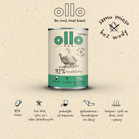 OLLO Umami Žąsis ir kalakutiena - drėgnas ėdalas šunims - 850g