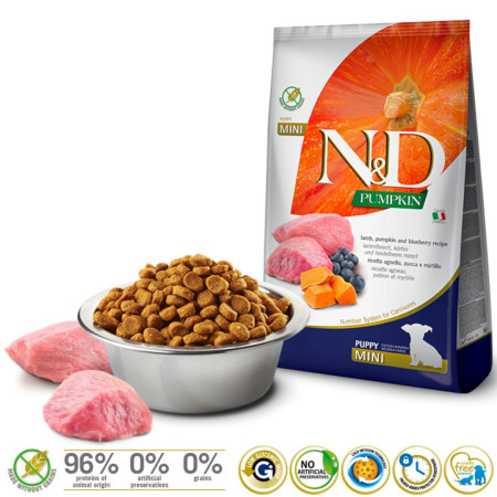 FARMINA N&D GF MOLIŪGAS AVIENOS & MĖLYNĖS ŠUNIUKAMS MINI - sausas maistas šunims - 7kg