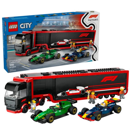 LEGO City 60445 F1 sunkvežimis su RB20 ir AMR24 bolidais