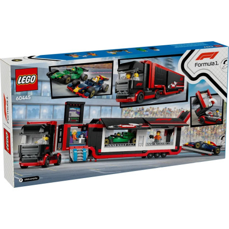 LEGO City 60445 F1 sunkvežimis su RB20 ir AMR24 bolidais